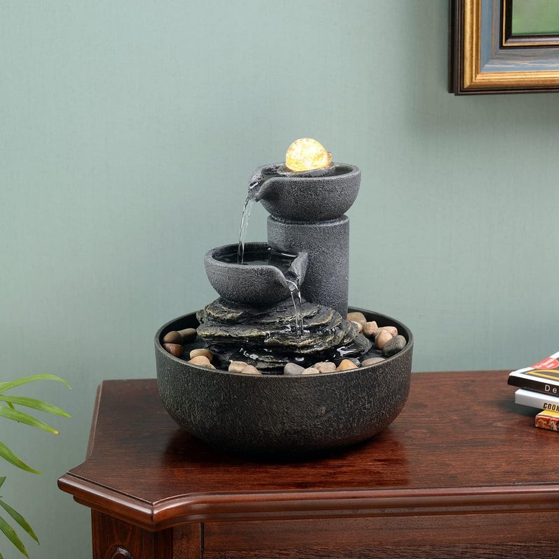 GOSSI Tabletop Fountain Indoor Fountain 2-Tiered Water Meditation Decorative Waterfall w/LED/Cobblestone/Glass Rolling Ball Soothing Sounds for Office and Home - Image 4
